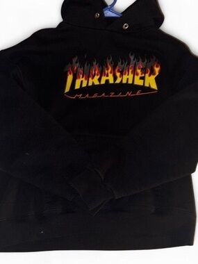 Thrasher Black Hoodie with Yellow and Red Flame Logo